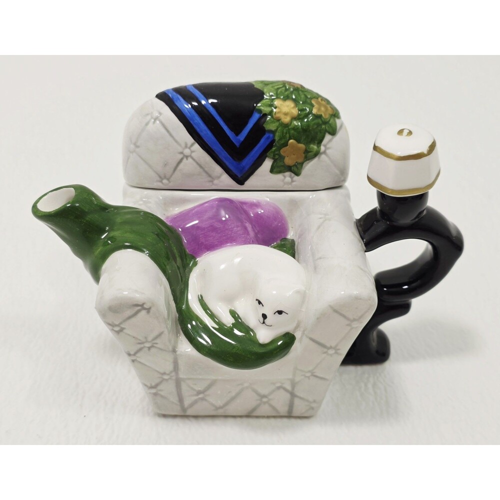 Vintage Teapot White Sleeping Cat on Chair with Lamp floral